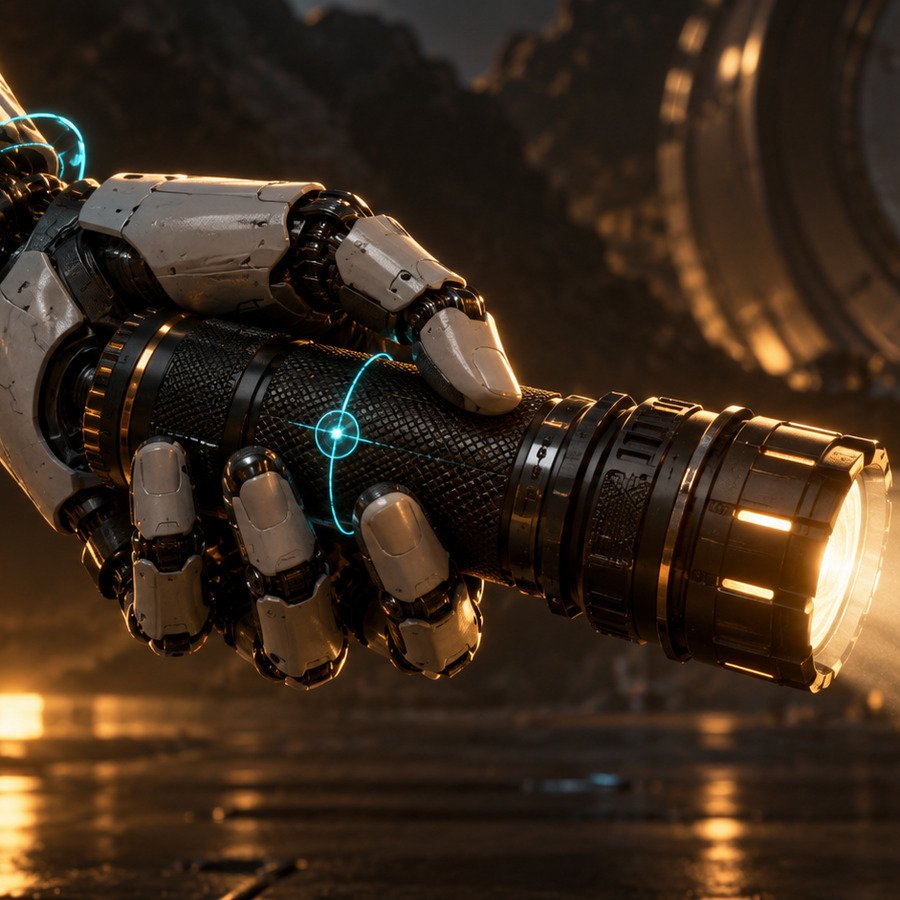 Animated character hand attached to a prop