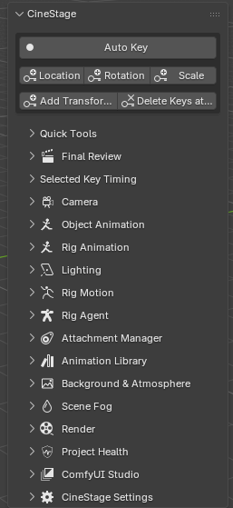 The real CineStage sidebar in Blender